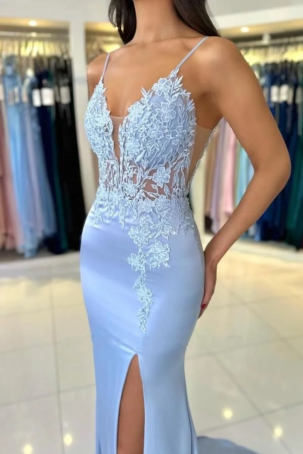 Elegant Woman Gala Dresses Long Mermaid V-Neck Spaghetti Strapless Sleeveless Satin Lace Prom Dresses with Slit Evening Gowns