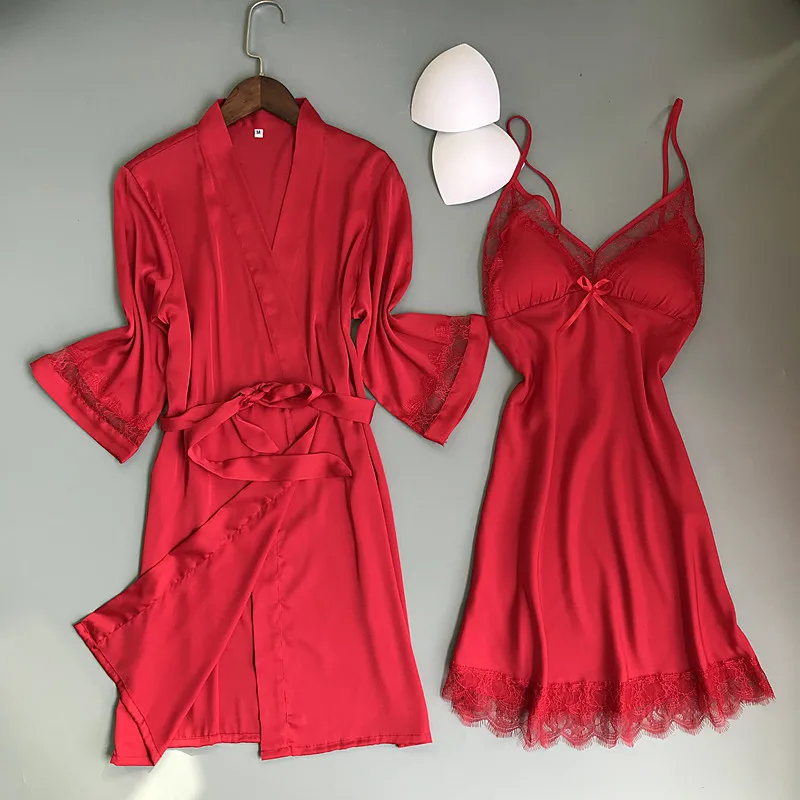 Wedding Bride Twinset Robe Set Elegant Sleepwear Women Satin Kimono Bathrobe Suit Sexy Lace Hollow Out Nightgown Casual Homewear