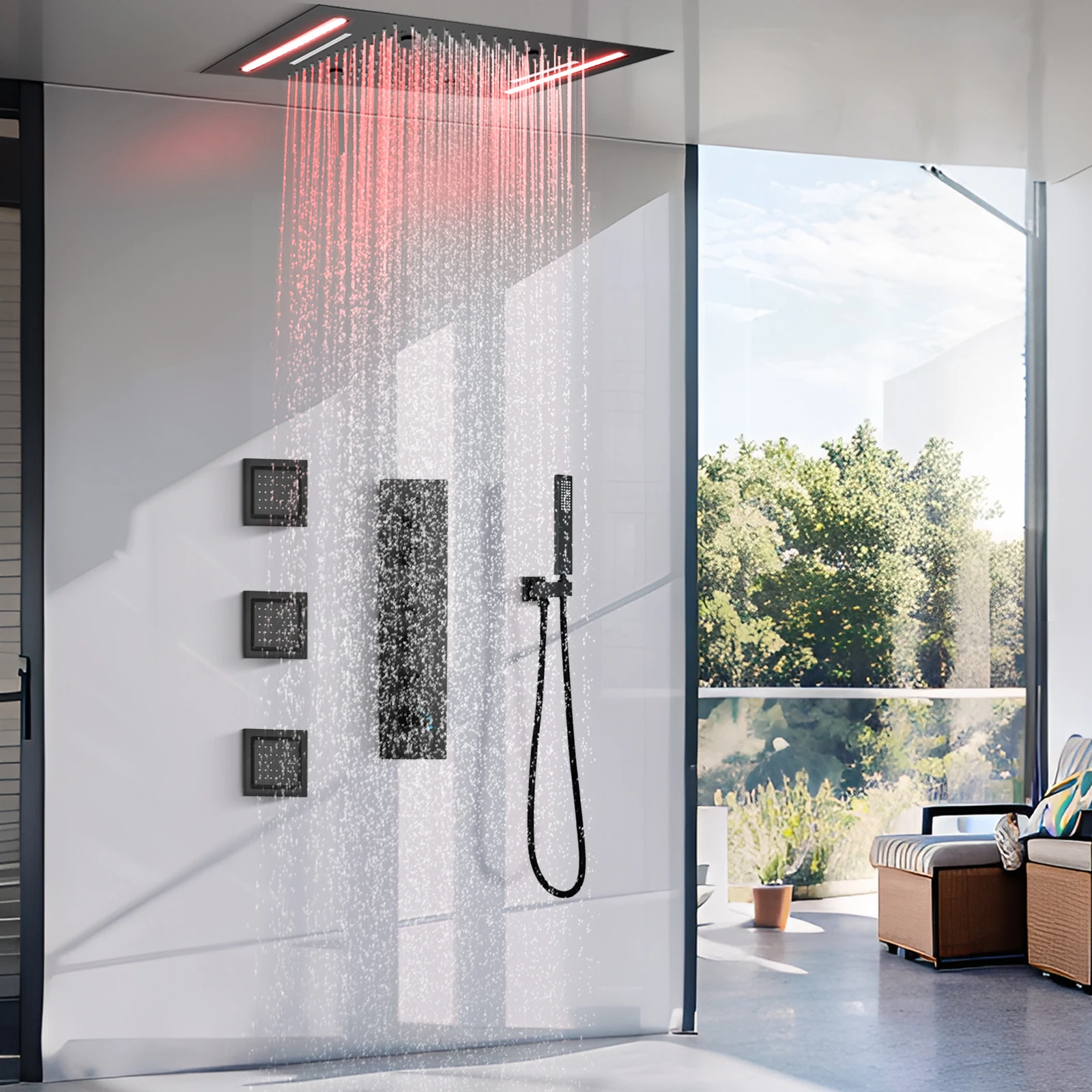 Bathroom LED Rainfall Shower Set 500*360mm Embed Ceiling Rain Showerhead Set Thermostatic Diverter Valve With Massage Body Jets
