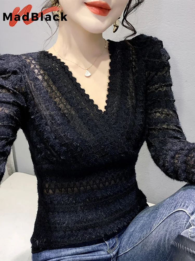 MadBlack European Clothes Tshirt Women V Neck Mink Velvet Lace Slim Mesh Top Long Puff Sleeve Elastic Tee Autumn Spring T39444JM