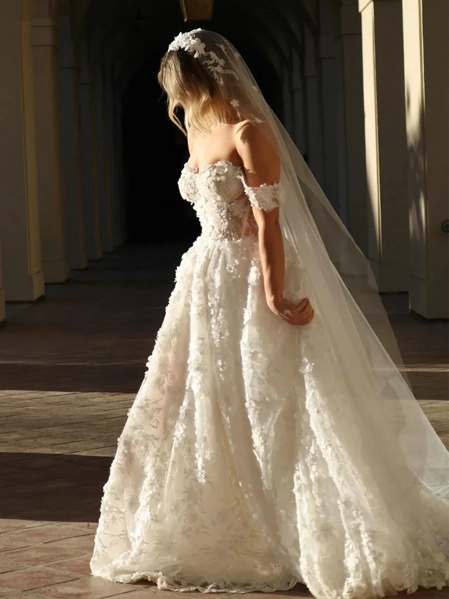 Vestidos de casamento elaborados para mulheres, fora do ombro, vestidos de noiva requintados, apliques de flores, querida, 2024