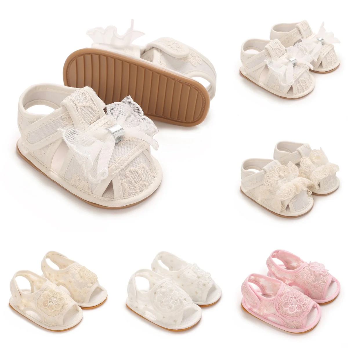 

Summer Cute Lace White Baby Girl Sandals Baby Shoes Bow Lace Rubber Sole Anti slip Shoes Suitable for Newborn Infants aged 0-18M