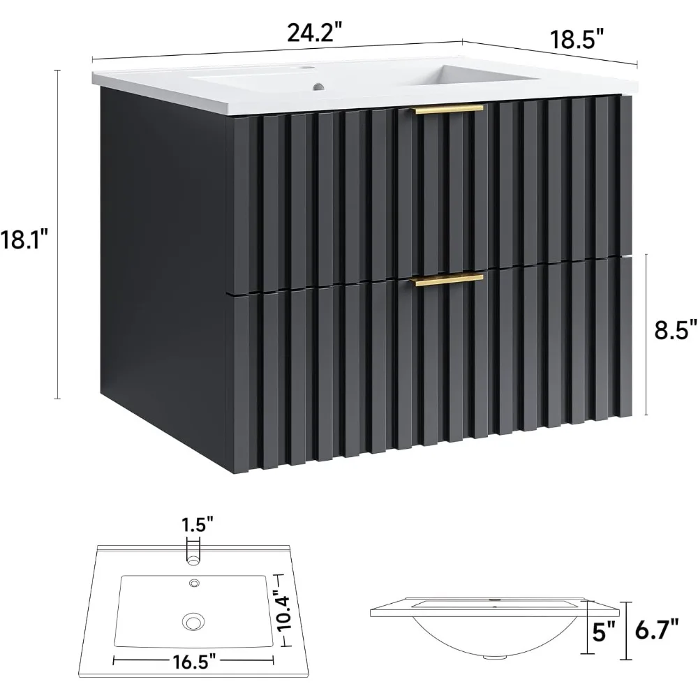 24 Inch Bathroom Vanity with Sink Combo, Floating Bathroom Vanity with 2 Fluted Drawer, Modern Wall Mount Bathroom Cabinet