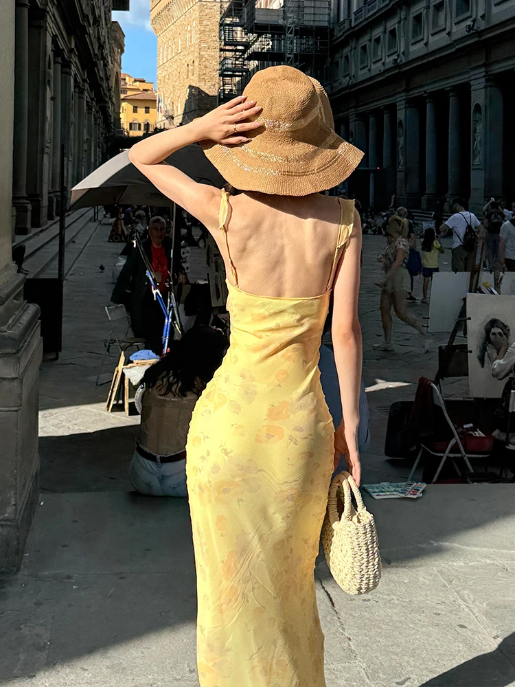 Vestido Largo con Estampado Floral y Cintura Ajustada para Mujer, Estilo Veraniego, Cuello Recto, para Edades de 8 a 25 Años