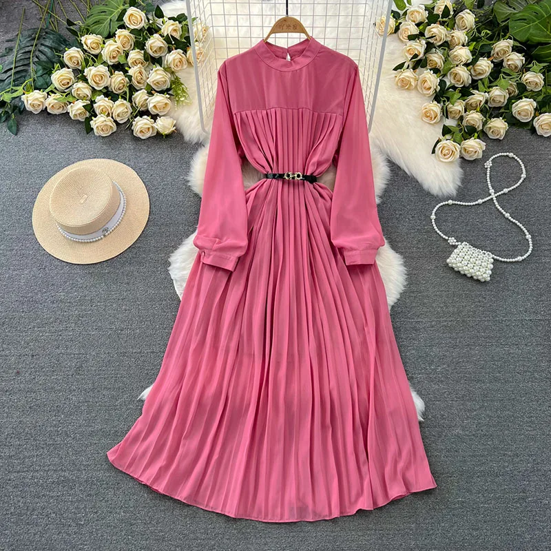 Spring Autumn Purple/Pink/Yellow/Red Draped Long Dress Vintage Stand Collar Puff Sleeve High Waist A-Line Pleated Maxi Vestidos