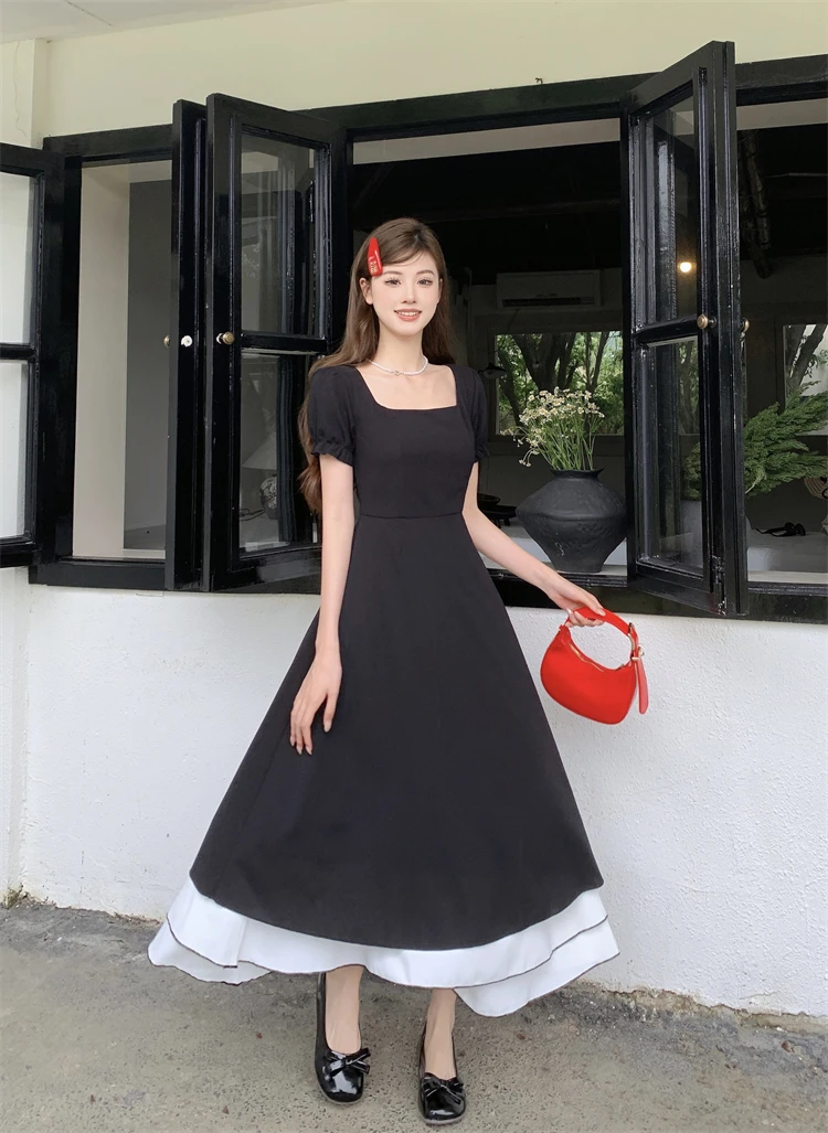 

Large French style short sleeved dress, summer Hepburn style small black dress, waist up, temperament, long skirt, short skirt