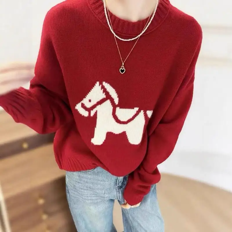 

Autumn Winter New Fashion Women Light Luxury Knitted Sweater Christmas Atmosphere Lazy Style Loose Western Style Knitted Sweater