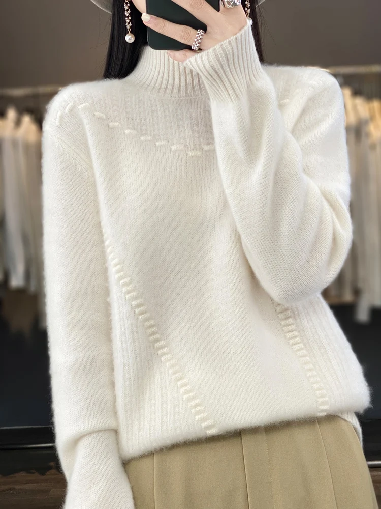 Autumn Winter 100% Merino Wool Loose Pullover Cashmere Sweater For Women Thickened Twist Flower Mock-neck Knitwear New Fashion