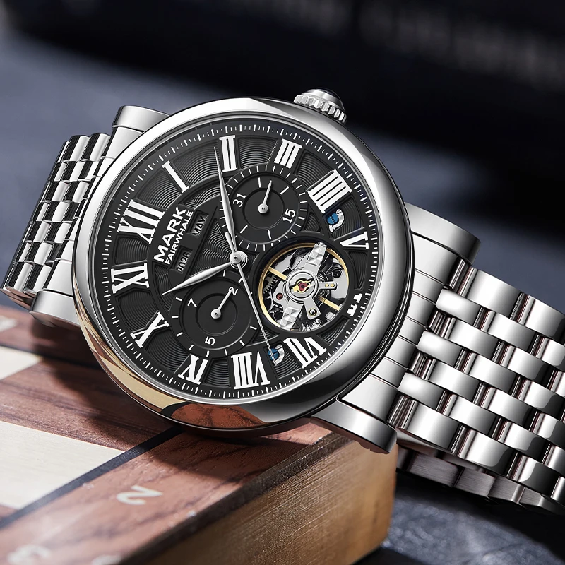 

Мужские механические часы MARK FAIRWHALE New 6017 с металлическим браслетом, водонепроницаемые (3ATM), с ажурным циферблатом и римскими цифрами, деловые часы для мужчин