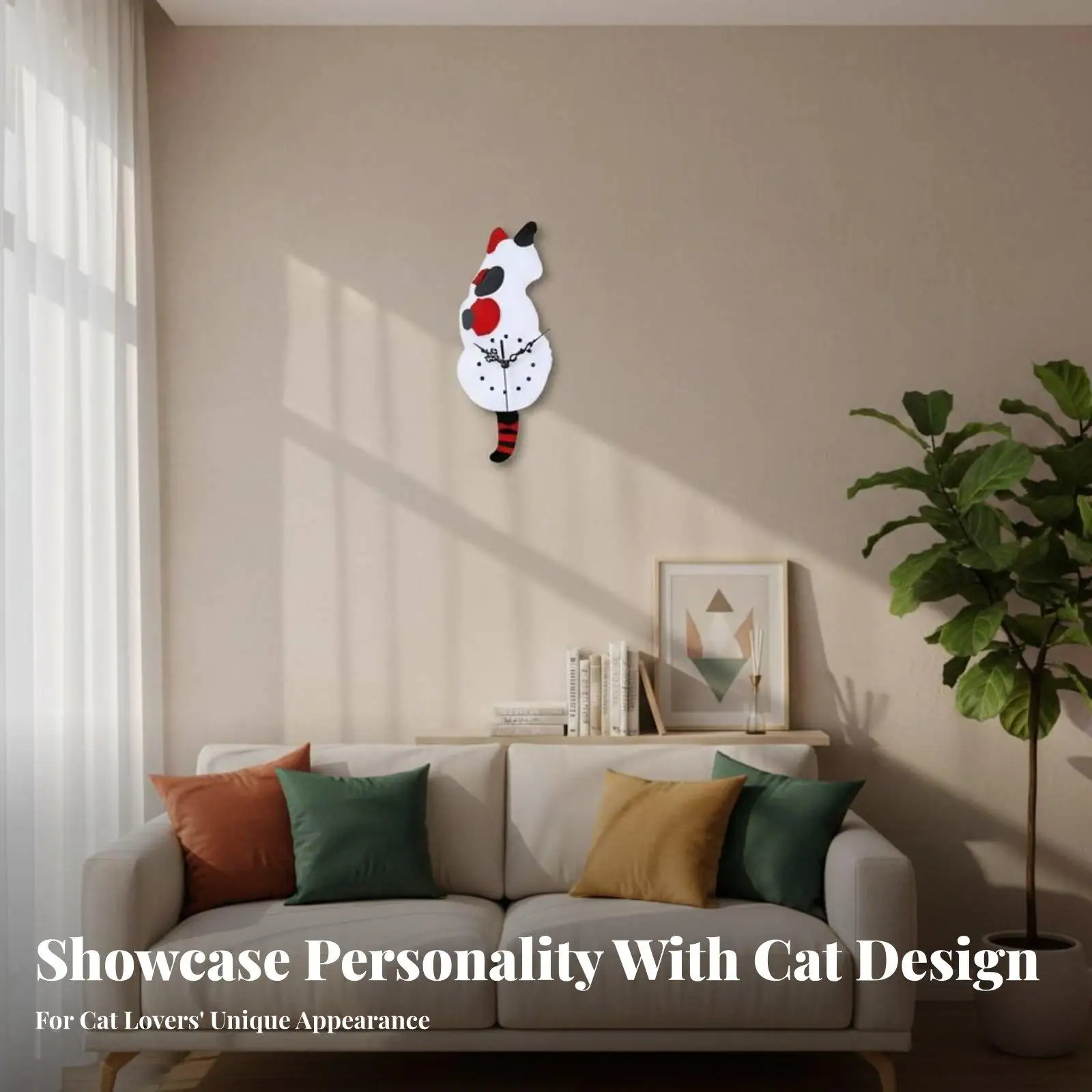 Swinging Feline Wall Clock Non-Ticking Silent Crystal Cat Clock Creative Design for Kids, Living Room, Bedroom, Home Office