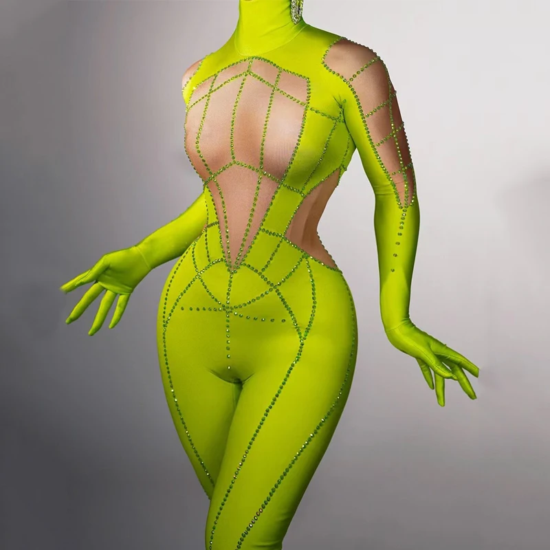 Traje de Drag Queen, mono blanco y verde con diamantes de imitación, guantes, disfraz de baile Gogo Sexy, club nocturno de Halloween Ds Dj, ropa Rave para escenario 7648