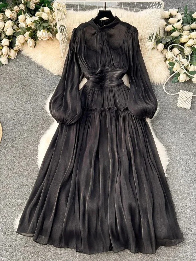 French Luxury Folds Wedding Formal Occasion Dress Women Stand Puff Sleeve Chic Pleated Dress Female Shine Robe Clothes Holiday