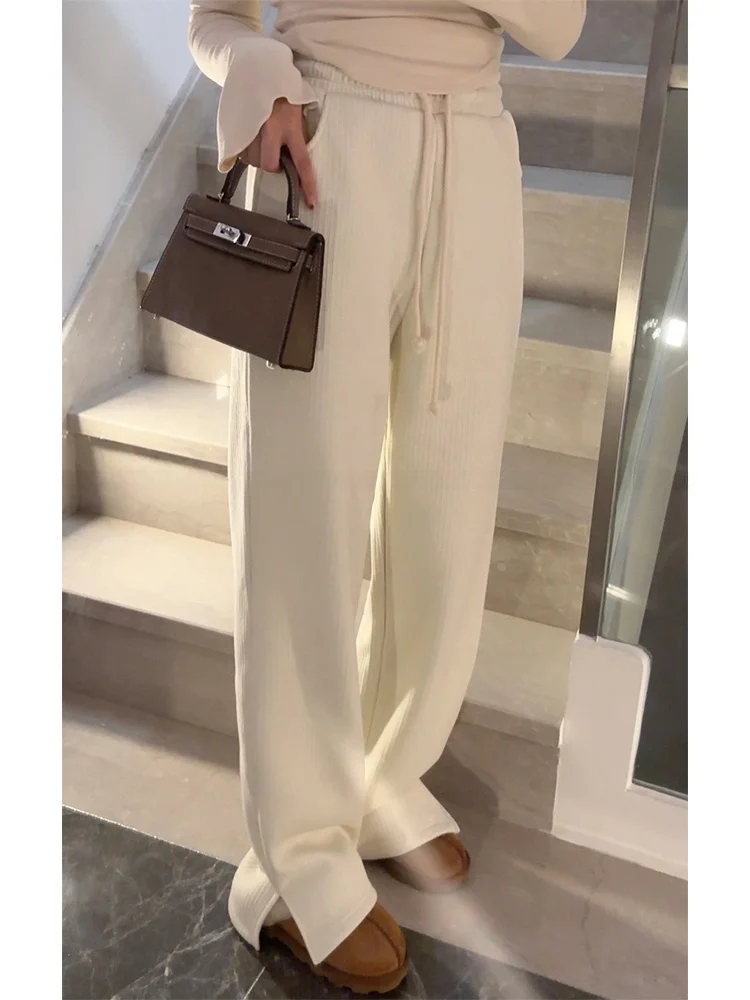 

Baby Velvet Fleece Lined Wide Leg Casual Floor Length Pants High Waist Cotton Wool Blend Korean Style Commute Fashion