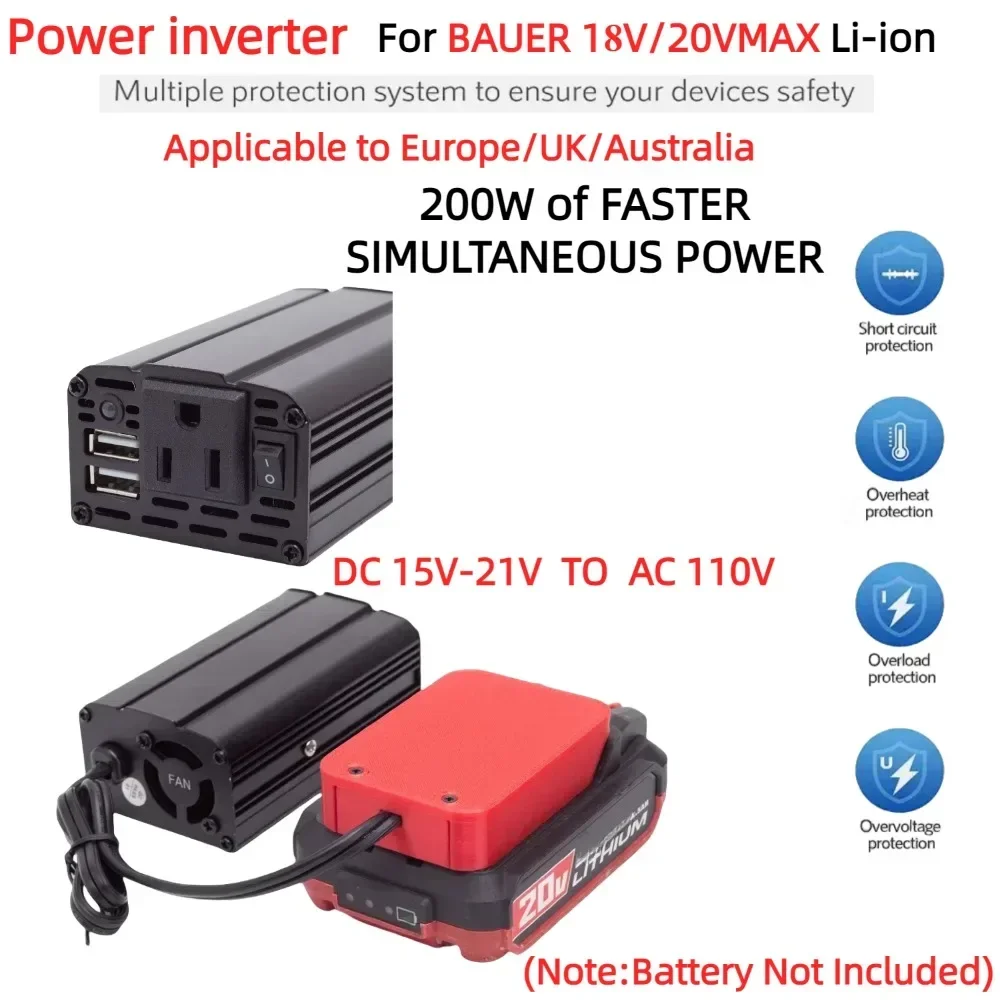 

200W Portable Power Inverter for BAUER 20V MAX Battery ,DC 20V To AC 110V Powered with Dual USB 5V 2.4A for UK EU AU