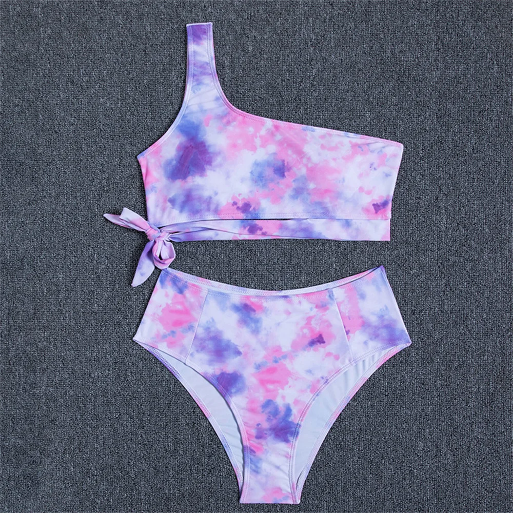 

Tie Dye Bikini High Waist Swimsuit Thong Bandage Sexy Women Retro Vacation Swimwear One-shoulder Tropical Beachwear Bathing Suit