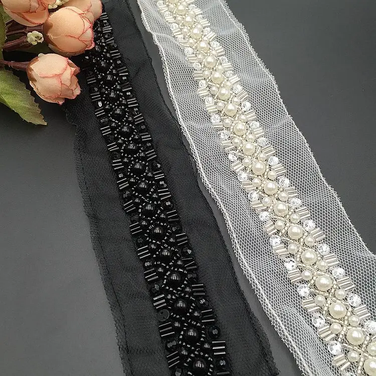 

Black and White Heavy-duty Handmade Beaded Lace Trim Acrylic Beaded Clothing DIY Accessories