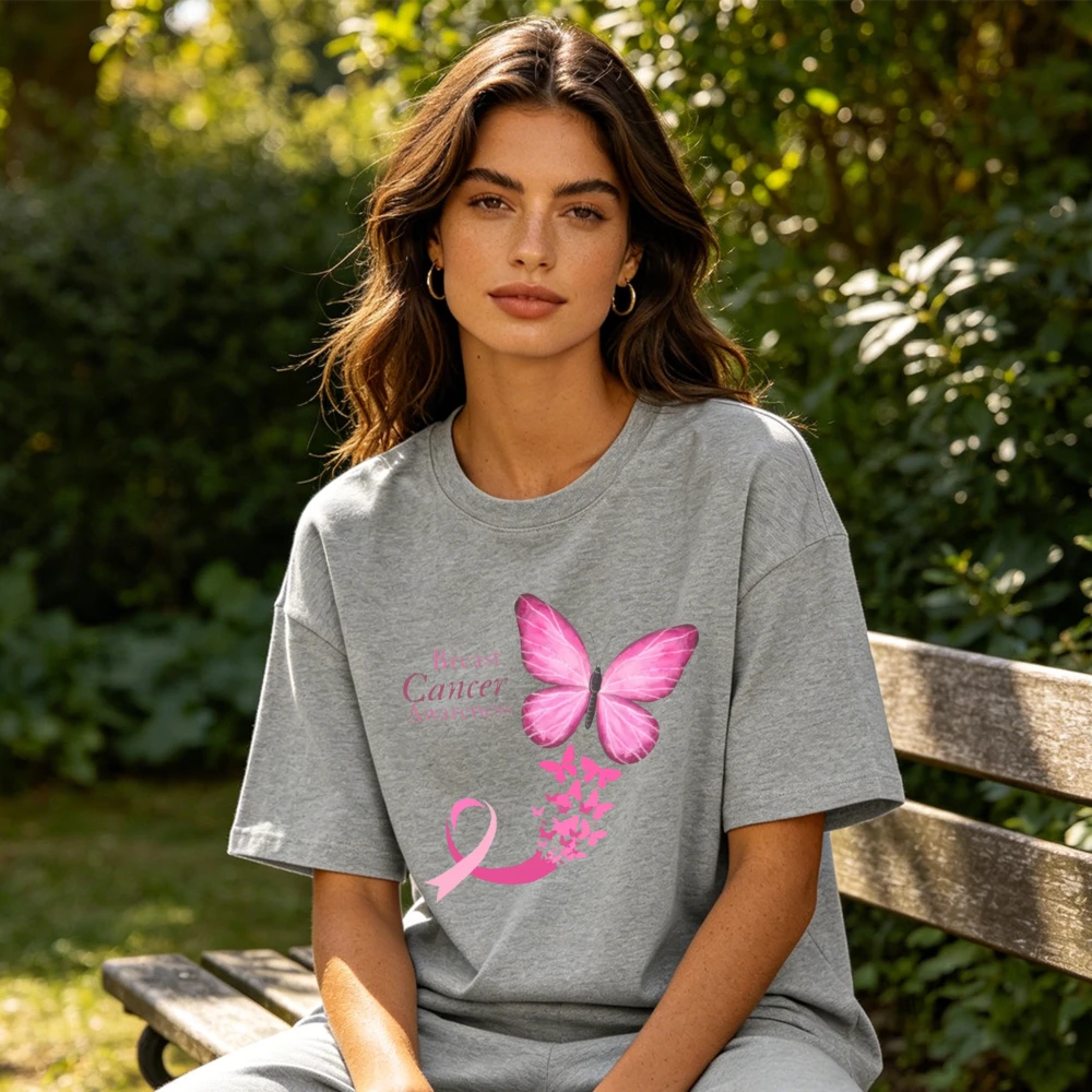 T-shirt en coton à manches courtes pour femme, motif floral de sensibilisation au cancer du sein, thème Gentle Hope, collection été