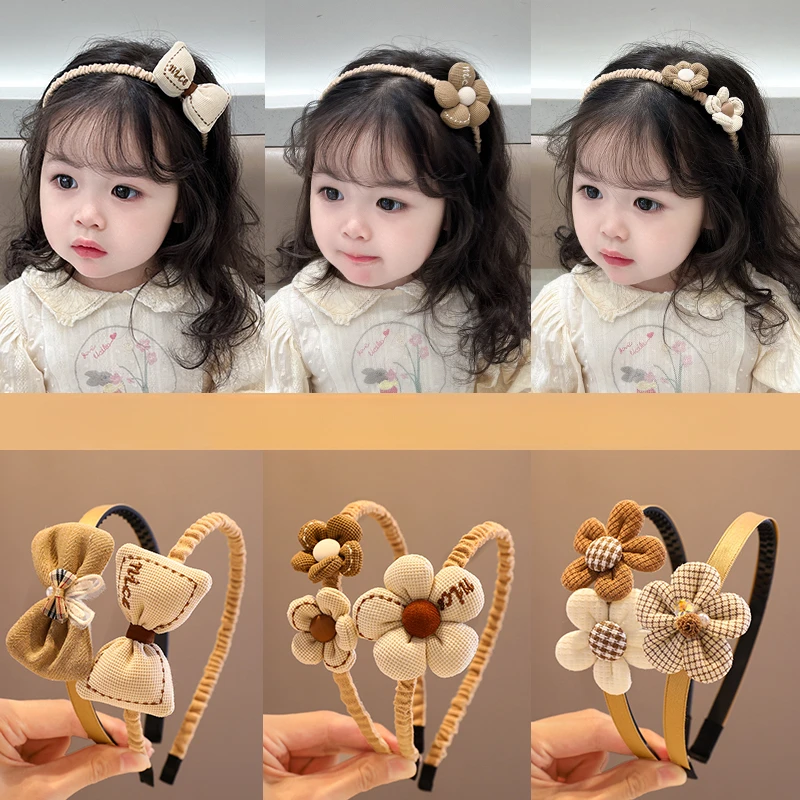 2023 New Children Lovely Coffee Color Cartoon Heart Flower Bow Ornament Headbands Baby Girl Cute Hair Hoop Kids Hair Accessories