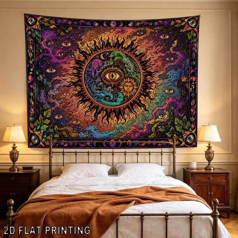 Mystic All Seeing Eye Wall Tapestry, Psychedelic Sun Moon Floral Art,Vibrant Trippy Hanging for Living Room Aesthetic Wall Decor