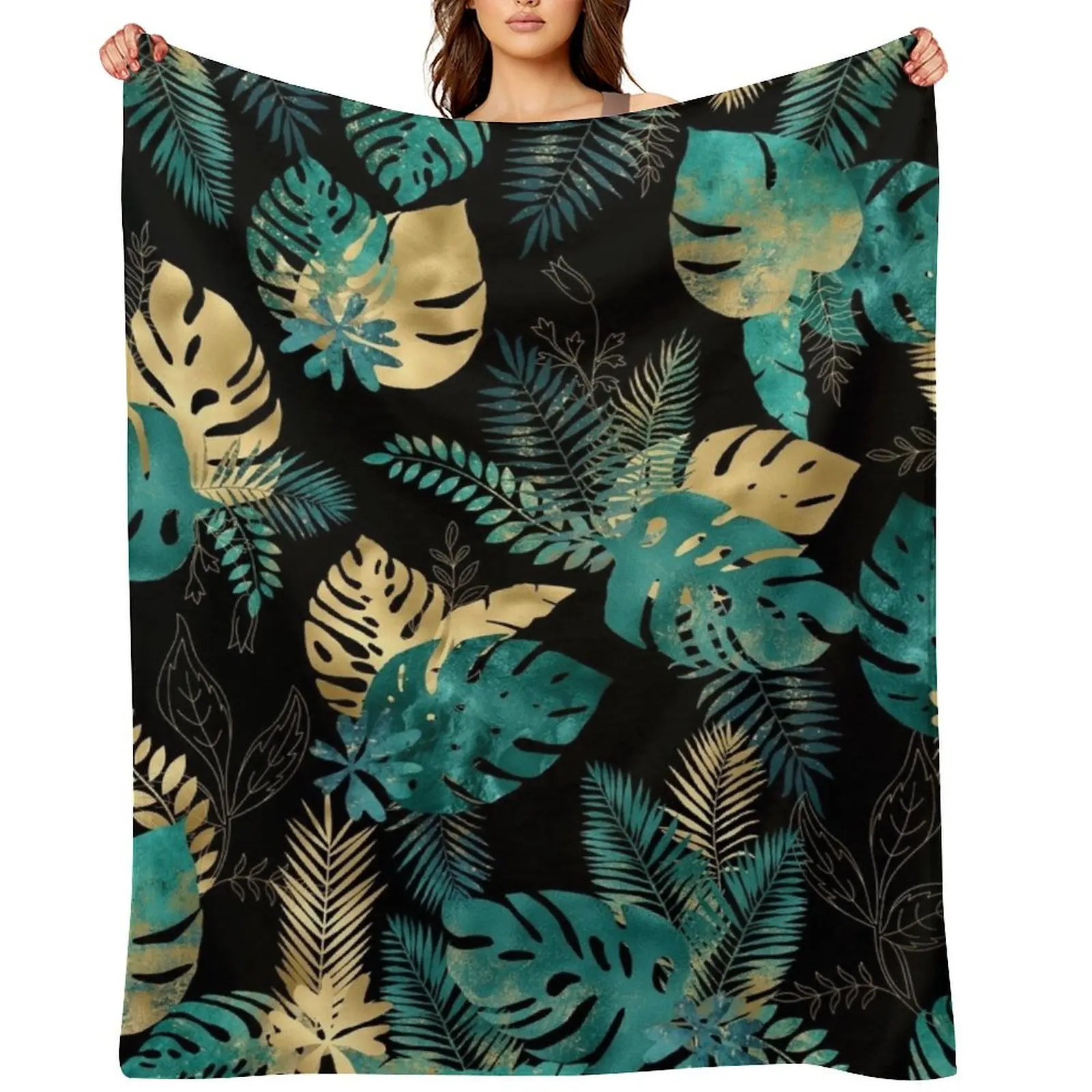 

Teal and Gold foil leaves, bright and lush foliage pattern, large teal and gold tropical leaves Throw Blanket