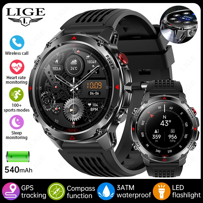 LIGE 2025 New Professional GPS Track Sports Smartwatch Outdoor RIDE Run Compass Altimeter 3ATM Fitness Bracelets 540mAh Watches