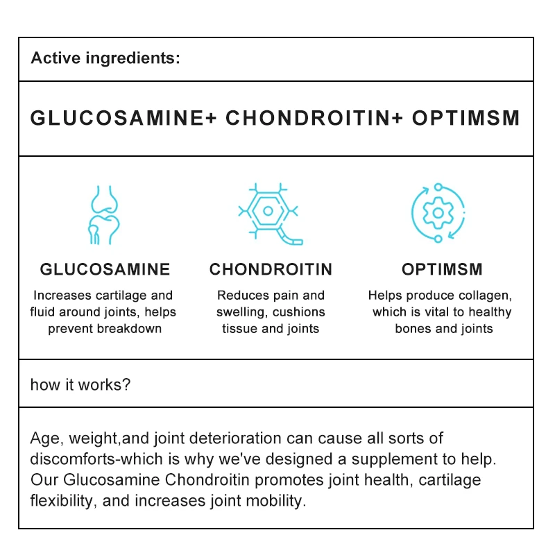 Glucosamine Chondroitin Capsules with MSM Vitamin D3 Non GMO，Gluten free Healthy Food Supplements