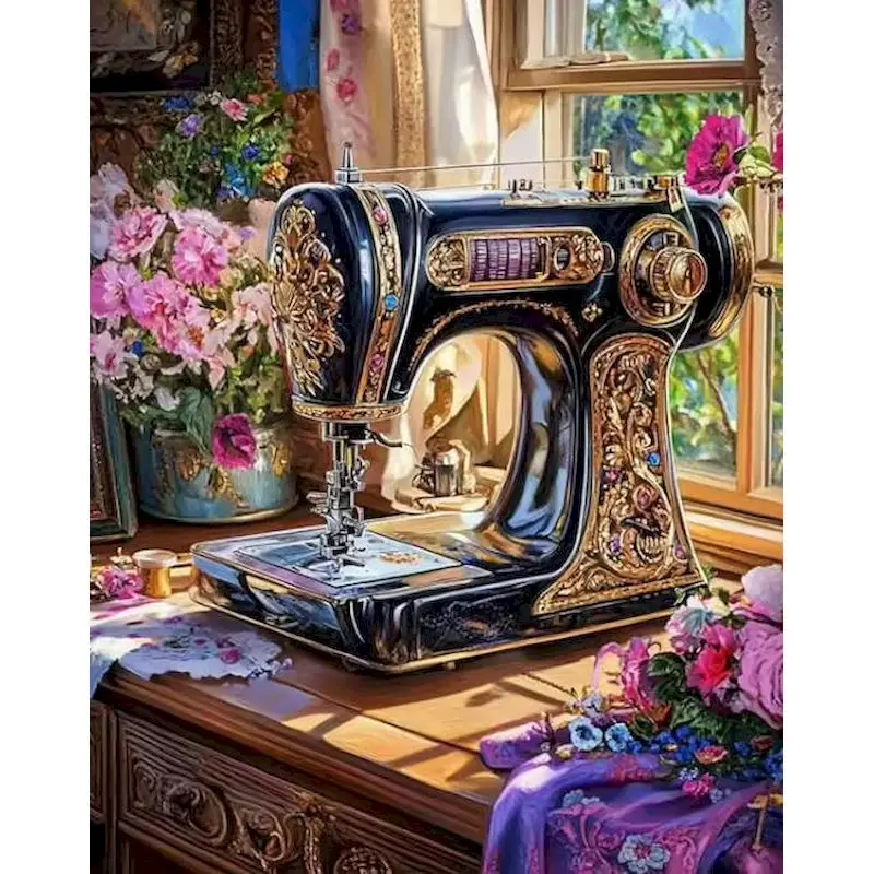 

GATYZTORY Vintage Sewing Machine Painting By Numbers Kit DIY Frame Calligraphy Painting Canvas By Numbers Living Room Decoration