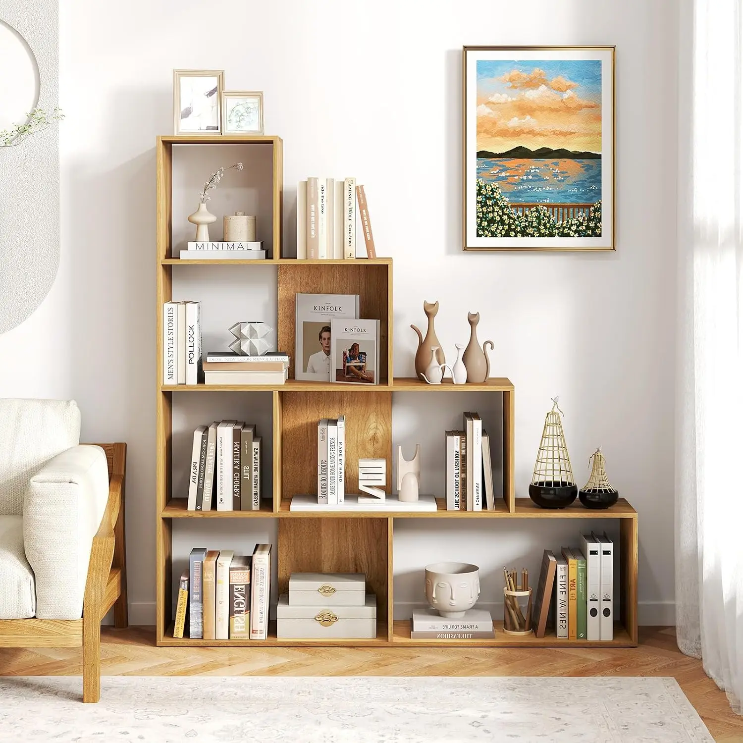 Ladder Corner Bookshelf, 4 Tier 6 Cube Stepped Etagere, 10 Shelf Storage Display Rack for Living Room Home Office, Customized
