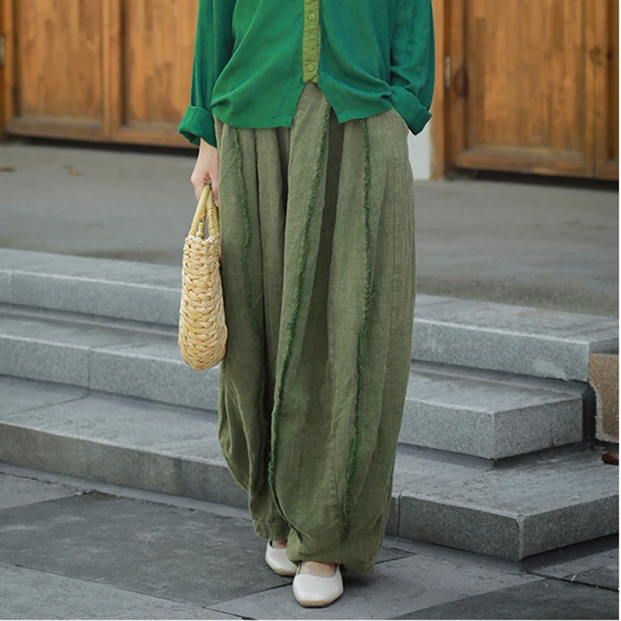 LZJN Autumn And Winter Wide-leg Pants  Cotton And Linen  Casual Style  Can Be Straight-Leg Or Lantern Pants With Frayed Edges