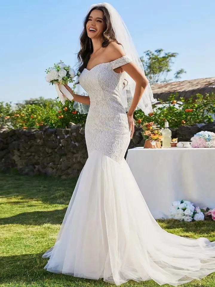 New Mermaid Wedding Dress Slim Fit One Shoulder Long Lace Tie Fishtail Wedding Dress