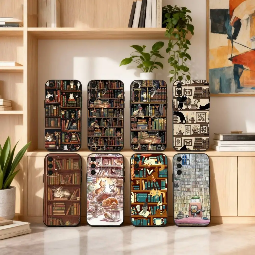 

Vintage B-Bookshelf Kitten Phone Case For Samsung S25,24,23,22,30,21,10,9,Ultra,Plus,Lite,FE,4,5 G Soft Black Case
