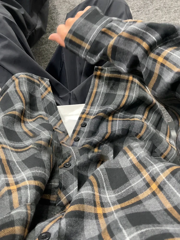 

Винтажная мужская повседневная рубашка в черную клетку с длинными рукавами, американская ретро-рубашка, верхняя одежда для ранней осени, свободный крой, молодежный тренд