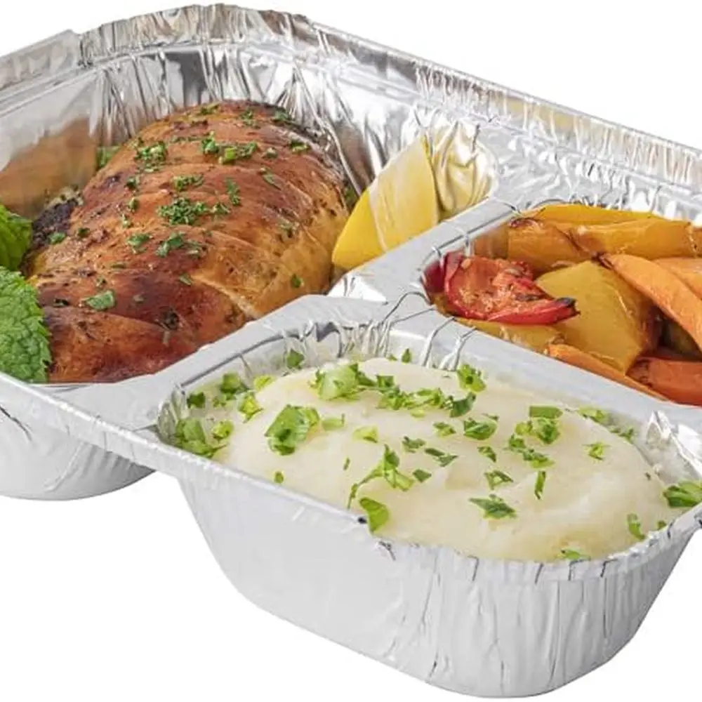 

100-Pack 23oz Rectangular 3-Compartment Aluminum Food Containers - Lids Not Included