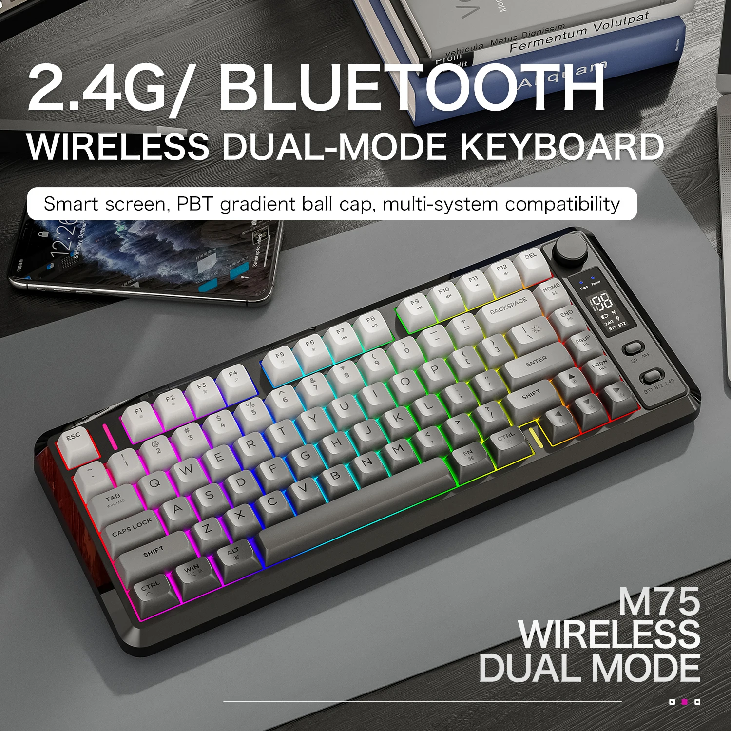 Teclado inalámbrico FREEWOLF M75, modo dual Bluetooth, tapa de bola degradada PBT, con pantalla de visualización, teclado para juegos
