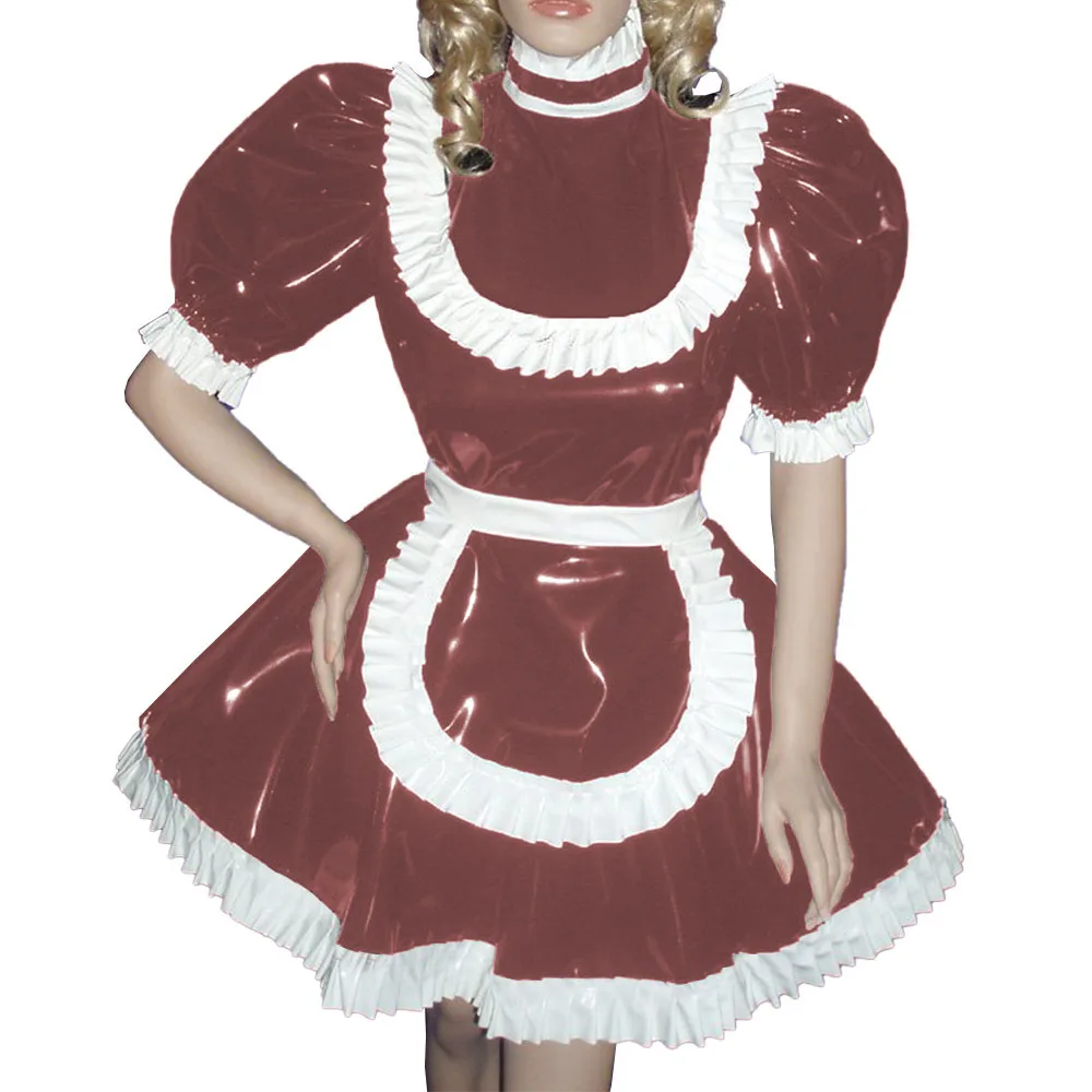 Sissy Turtleneck Puff Long Sleeve Maid Dresses,Ruffles Maid Uniforms,PVC Leather,A-line Pleated Maid Outfits,Raves Party Dresses