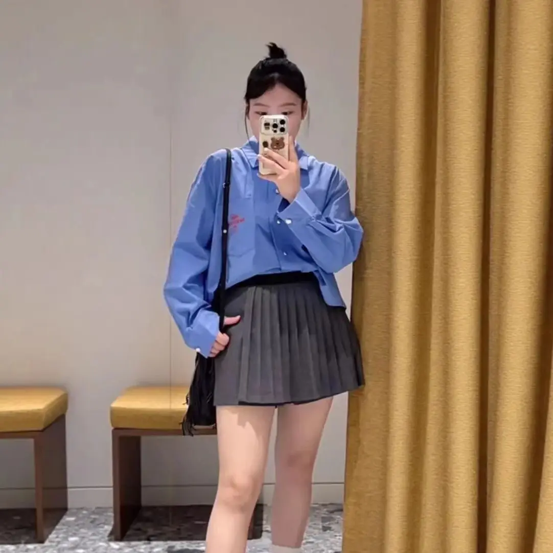 

Women Turn-down Collar Long Sleeve Contrast Solid Single-Breasted Embroidery Shirt Loose Spring/Summer Elegant Casual Blouse