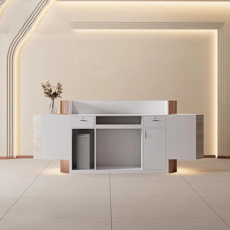 مكتب استقبال لصالونات التجميل بتصميم بيضاوي الشكل فاخر مع مكتب استقبال حديث من الفولاذ المقاوم للصدأ باللون الأسود والأبيض للمكتب #3