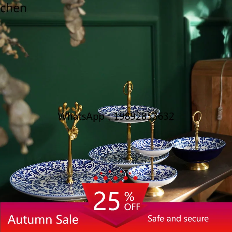 

Hand-Painted Ceramic with Copper Double-Layer Plate Candy Bowl Cake Tray Ornament