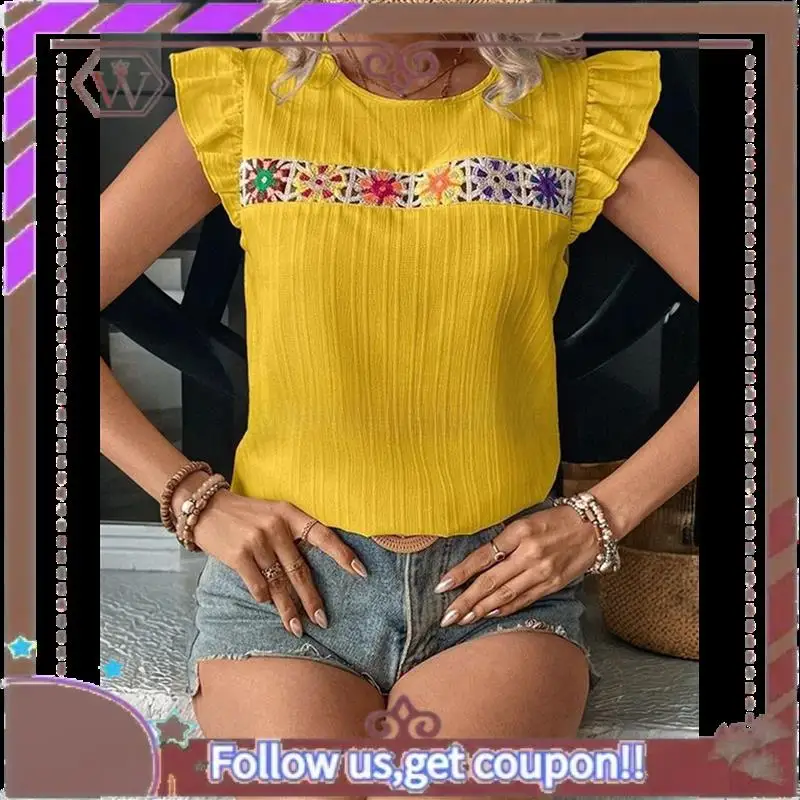 A95D-Blusa bohemia de verano de manga corta con cuello redondo y bordado floral para mujer