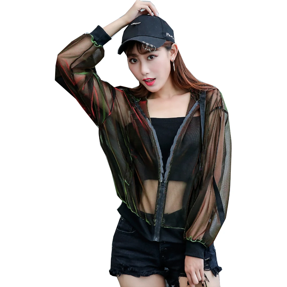 Summer Rave Festival Wear Clothes Holographic Womens Hoodies Outfits Hologram Women Rainbow Metal Mesh Jacket Clothings