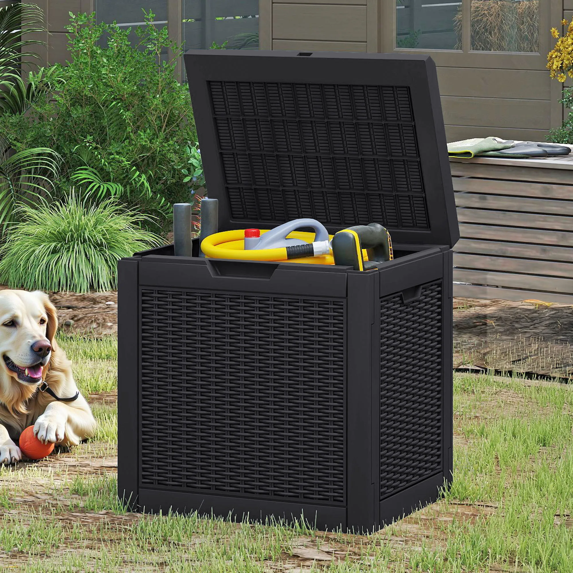 Boîte de rangement extérieure en rotin 118L, coffre de rangement en résine imperméable avec couvercle verrouillable pour jardin et piscine, noir