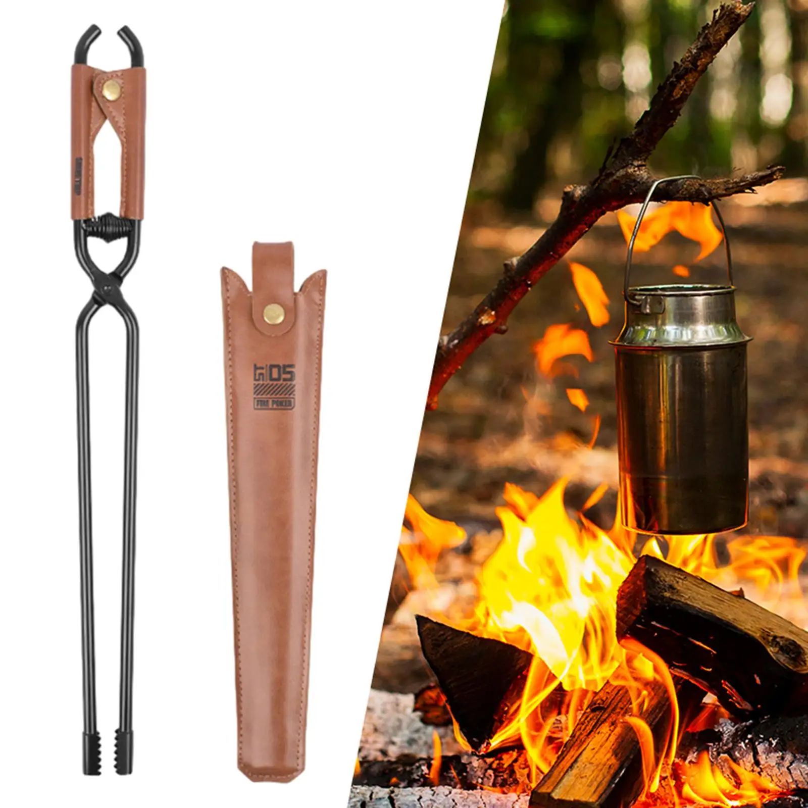 Campfire Tongs Heavy Duty with PU Leather Handle and Sleeve 17