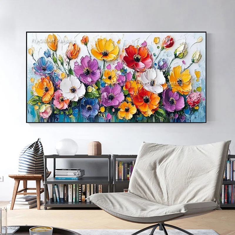 Handmade Yellow Red White Flowers Knife Thick Oil Painting On Canvas Abstract Purple Tree Landscape Artwork Colorful Wall Decor