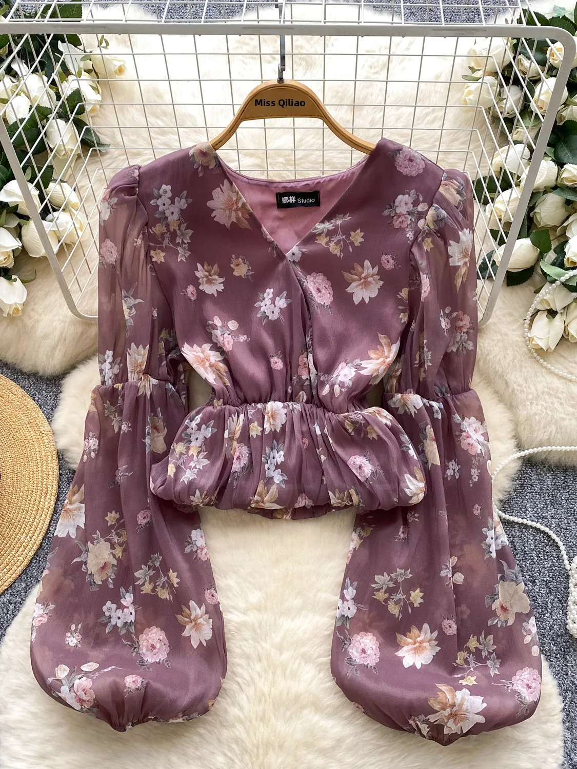 Ele V-Ne Lantern Sve Printed Me irt Women's Slimming Waist Cinched Top Korean Sle Loose Fit Long Sve irt