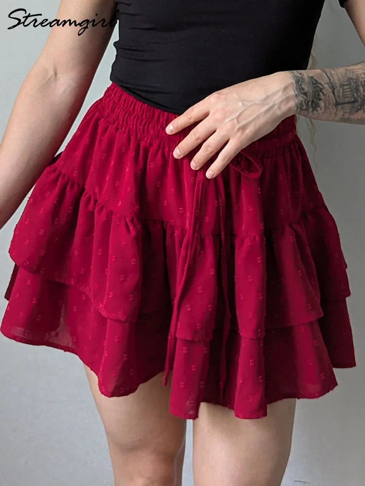 

Летние женские мини-юбки трапециевидной формы с высокой талией, элегантные женские белые оборки, шикарная короткая юбка на шнуровке для женской одежды