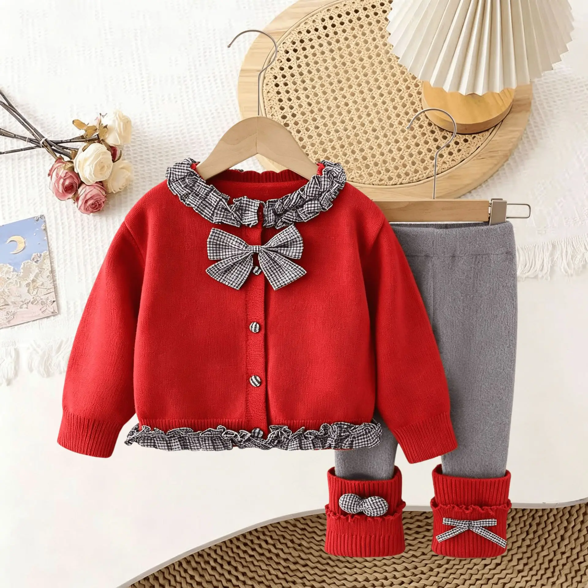 Girls Knitted Clothes Sets Spring Autumn Children Woolen Jersey Sweaters Coats Pants 2pcs Cute Leggings Suit Kids Outfits Baby 3