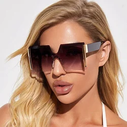 Gafas de sol cuadradas de gran tamaño sin montura a la moda, gafas de sol grandes con parte superior plana de diseñador de marca para mujer, gafas de sol de viaje de una pieza para mujer