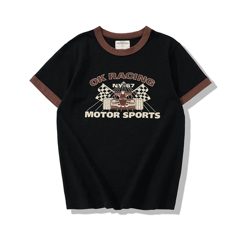 Summer New American Retro Workwear Shirt Short Sleeve 255g Old Bamboo Cotton Color Line Retro Racing