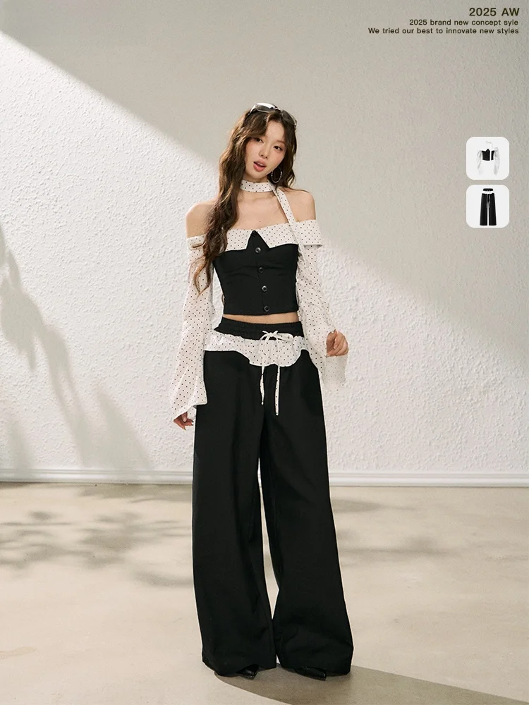 

Ballet Dot Pattern Long Sve One oulder Top And Wide Leg Pants Set Spicy Girl Faion Casual Sle Breathable Loose Fit