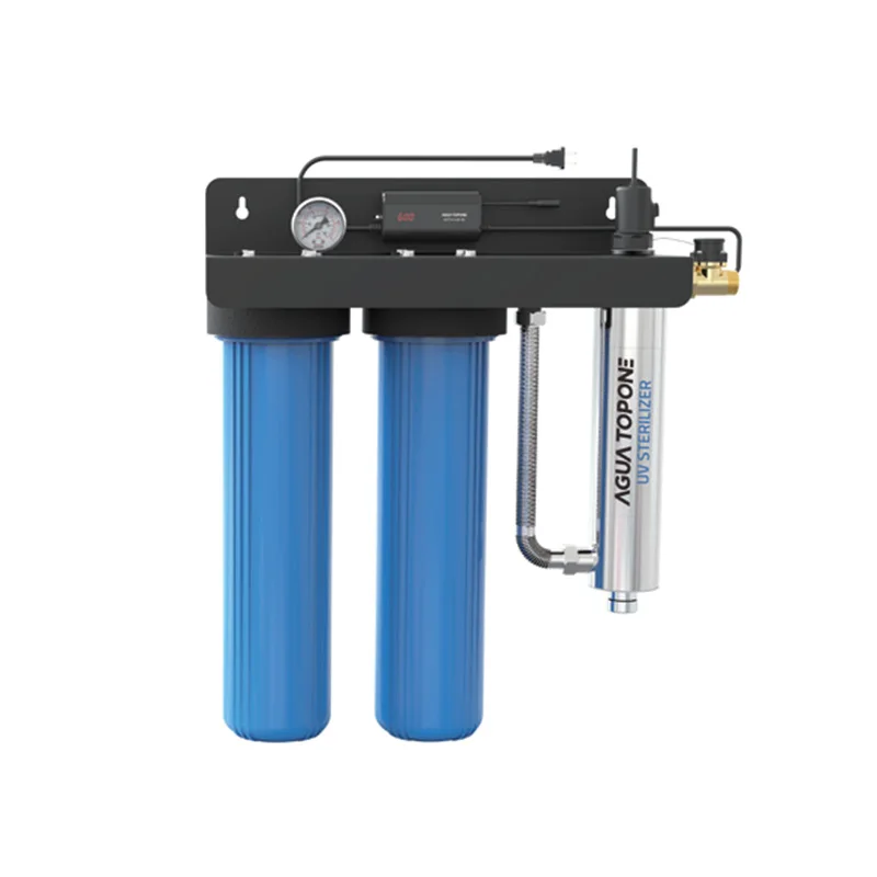 

Whole House Blue 20*4.5 Inch 4 Stage Water Filter with UV and 2 Pressure Gauge